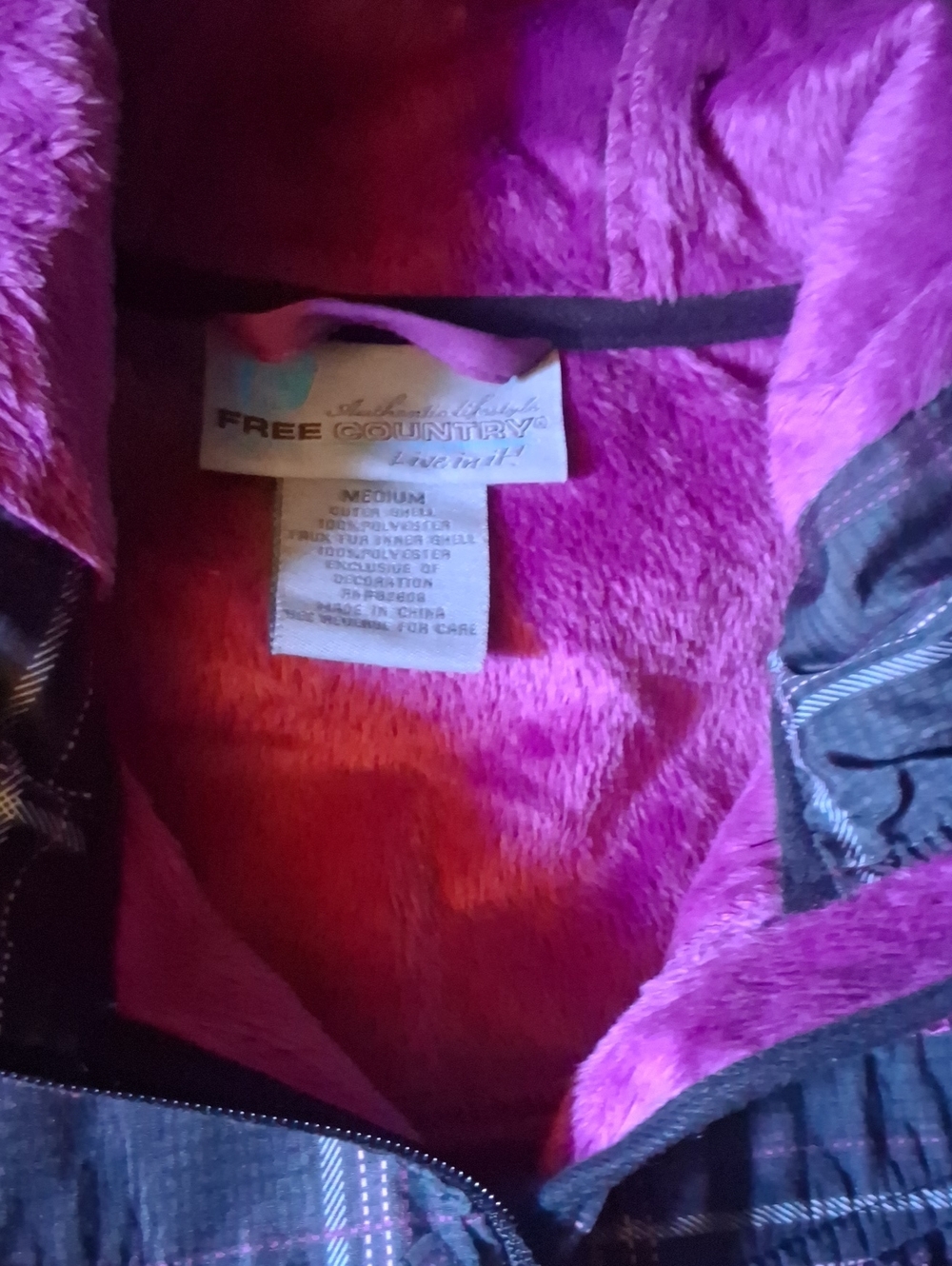 Free Country Hooded Black & Pink Plaid Raincoat With Plush Hot Pink Lining SizeM